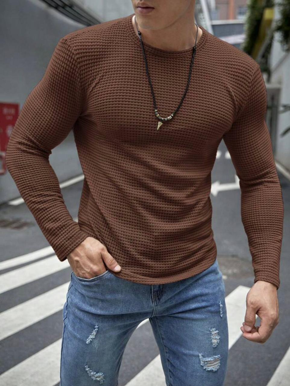 Full-Sleeves Brown Waffle Knit Tshirt