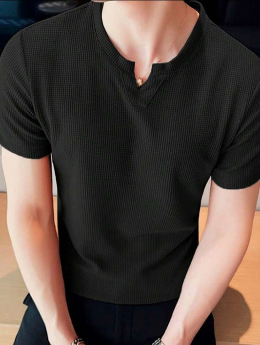 Black Waffle Knit V-neck T-shirt