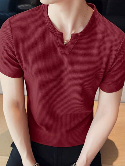 Maroon Waffle Knit V-neck T-shirt