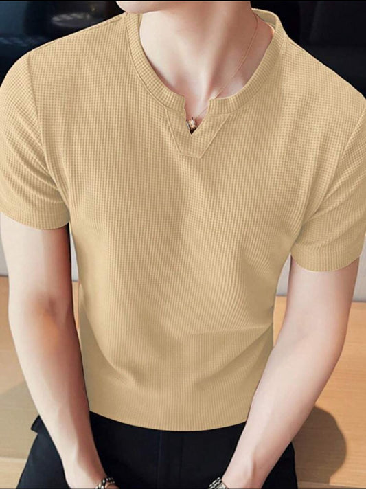 Beige Waffle Knit V-neck T-shirt