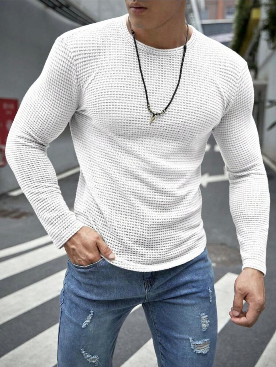 Full-Sleeves White Waffle Knit Tshirt