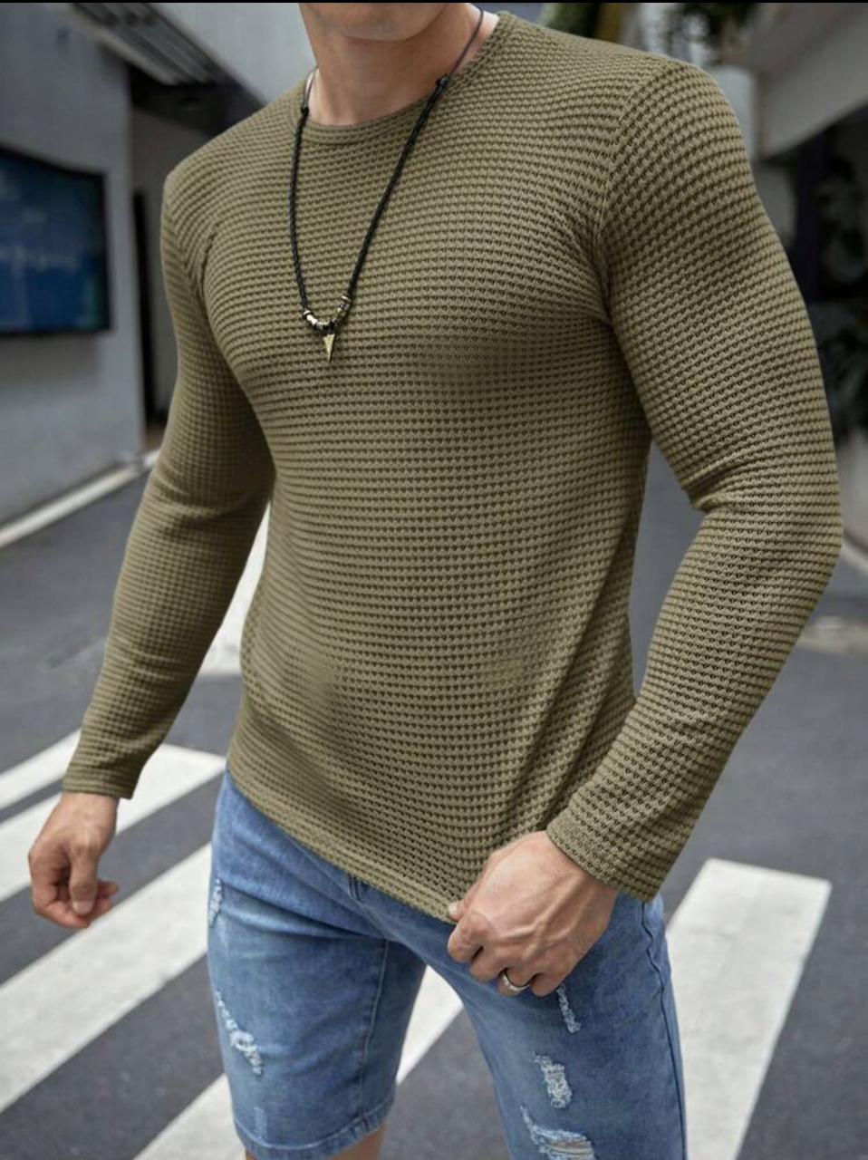 Full-Sleeves Olive Green Waffle Knit Tshirt