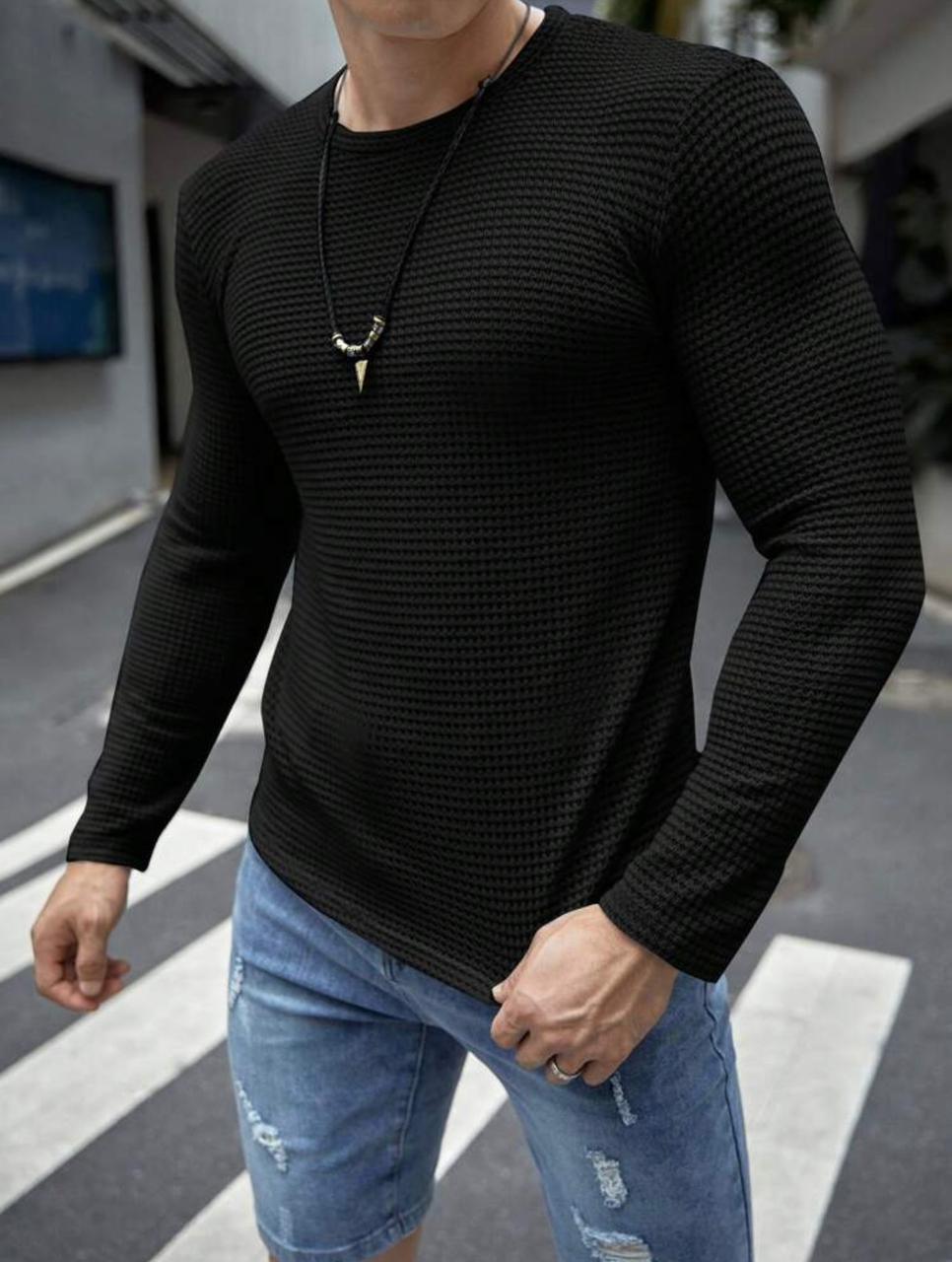 Full-Sleeves Black Waffle Knit Tshirt