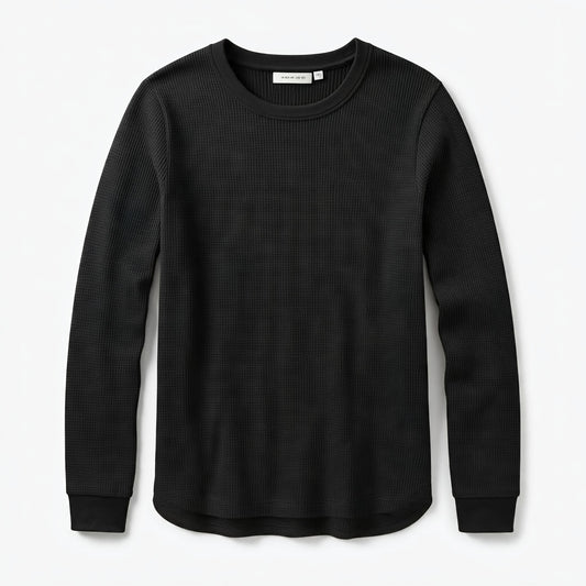 Full-Sleeves Black Waffle Knit Basic Tshirt