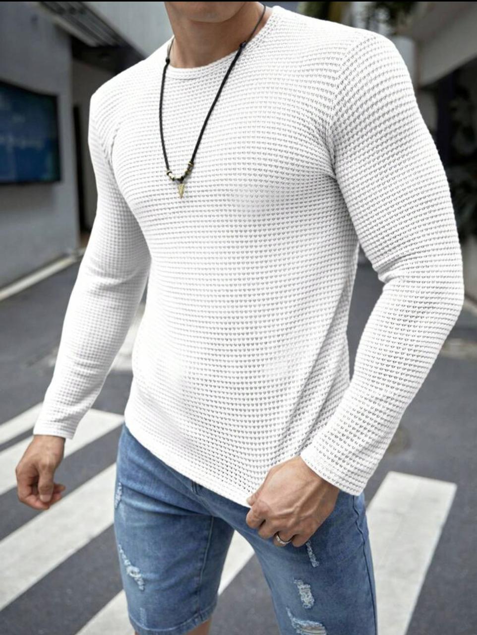 Full-Sleeves White Waffle Knit Tshirt