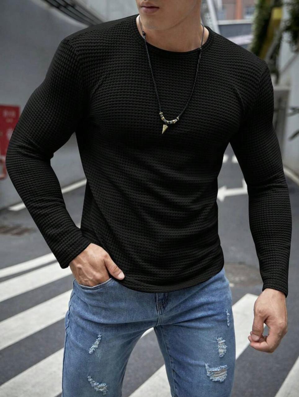 Full-Sleeves Black Waffle Knit Tshirt