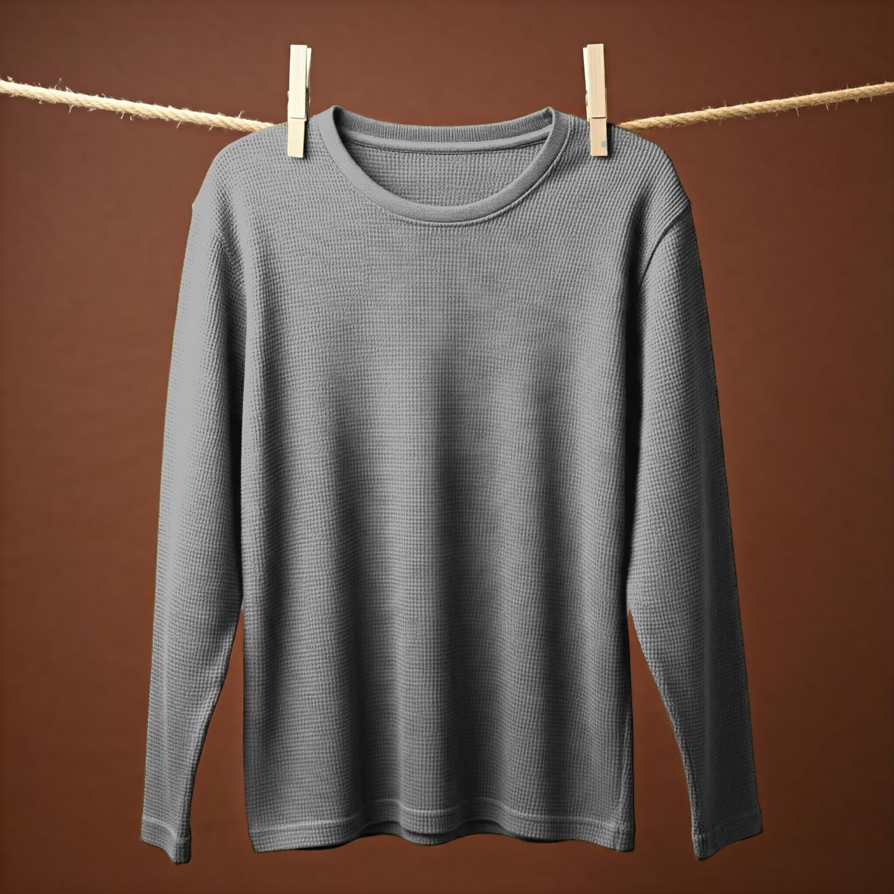 Full-Sleeves Grey Waffle Knit Tshirt