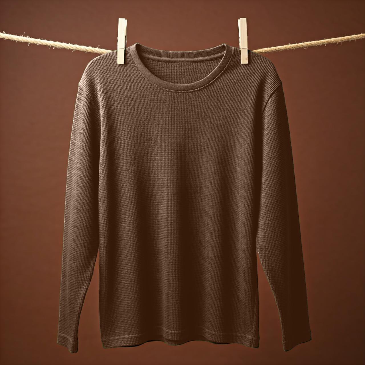 Full-Sleeves Brown Waffle Knit Tshirt