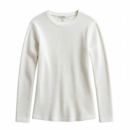 Full-Sleeves White Waffle Knit Basic Tshirt